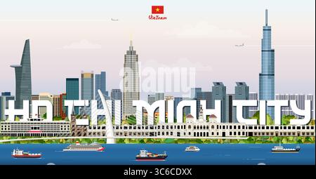 Illustration vectorielle colorée de paysage urbain de Ho Chi Minh ville avec le nom de la grande ville sur le fond. Affiche tendance de voyage Illustration de Vecteur