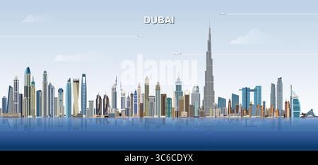 Skyline de la ville de Dubaï sur gradient beau fond de ciel de jour. Illustration vectorielle Illustration de Vecteur