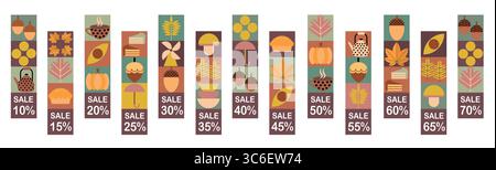 Ensemble automne de bannières de vente simples dans le style Bauhaus. Ensemble d'étiquettes de prix d'automne et étiquettes de réduction. Modèle de flyer d'automne abstrait géométrique avec mosaïque scandinave. Illustration de Vecteur