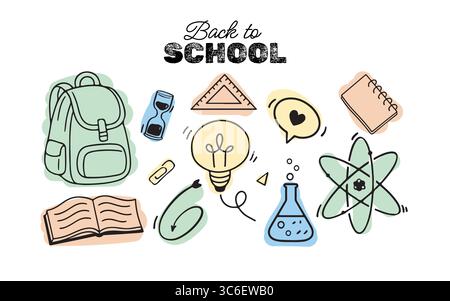 Ensemble de fournitures scolaires. Retour à l'école. Illustration croquis noir et blanc avec arrière-plans couleur. Illustration vectorielle dans le style doodle. Sac à dos, livre, ampoule, tube à essai Illustration de Vecteur