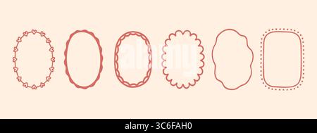 Jolis cadres de doodle ovales dessinés à la main avec des coeurs et des bords festonnés dans des tons pastel. Parfait pour la journalisation, scrapbooking, ou des conceptions de papier numérique Illustration de Vecteur