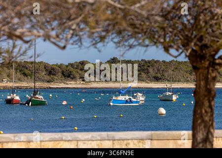 Voiliers dans la baie portuaire de Colonia de Sant Jordi, Majorque, Majorque, Îles Baléares, Espagne, Europe Banque D'Images