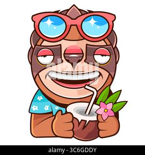 Refroidissement du paresseux dans un hamac buvant de la noix de coco. Image de style dessinée à la main parfaite pour les sites Web de jeu et les pages d'erreur d'application de quête. Illustration de Vecteur