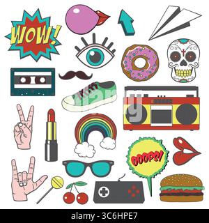 Icônes rétro Pop Art, ensemble d'autocollants vectoriels. Ensemble d'autocollants colorés pour la mode, la musique, la nourriture et les dessins amusants. Collection d'autocollants créatifs pour Scrapbook Illustration de Vecteur