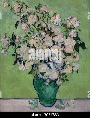 Bouquet, pétales de rose tombés, fond vert, vase vert, met Art, met Art Museum, New York, huile sur toile, peinture, roses, tableau, image verticale, V Banque D'Images