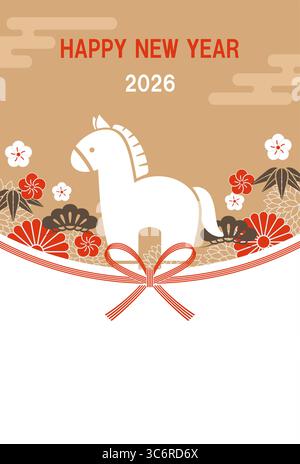 2026, l'année du cheval, modèle de carte de voeux du nouvel an avec Un cheval mignon et Un Mizuhiki - corde japonaise décorative. Illustration de Vecteur