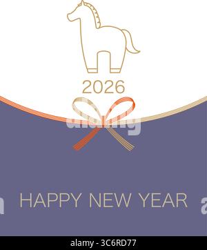 2026, l'année du cheval, modèle de carte de voeux du nouvel an avec Un cheval mignon et Un Mizuhiki - corde japonaise décorative. Illustration de Vecteur