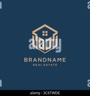 Initial OJ hexagonal House forme de toit icône logo logo graphique vecteur de conception Illustration de Vecteur