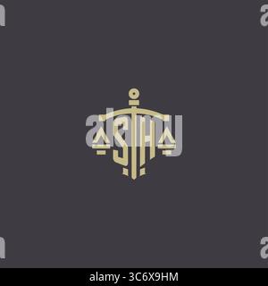 Logo SH initial pour cabinet d'avocats et avocat avec échelle créative et graphique vectoriel graphique vectoriel de conception d'icône d'épée Illustration de Vecteur