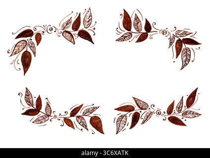 Cadre, bordure de feuilles, lignes décoratives, boucles. Fond blanc et espace de copie. Feuilles remplies de motifs, de lignes, de traits, de points ou de remplissage. Différentes nuances de brun. Illustration griffonner. Banque D'Images