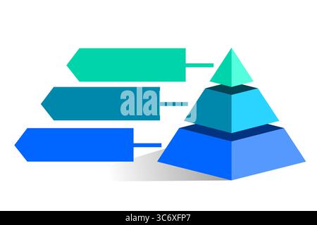 Infographie statistique illustration hiérarchique de triangles verts et bleus divisés et coupés en tiers, forme pyramidale faite de trois couches Illustration de Vecteur