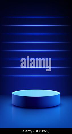 le podium cylindrique bleu élégant se trouve sous des lignes de néon brillantes sur un fond vibrant, idéal pour présenter des produits futuristes dans le showroo inspiré de la technologie Illustration de Vecteur