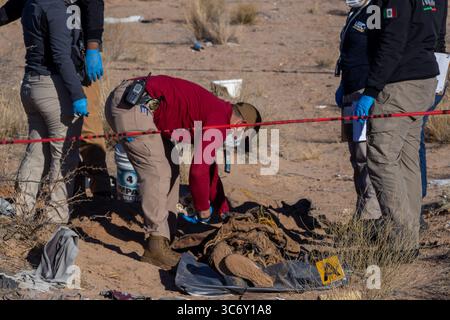Une équipe médico-légale sonde un site désertique à Ciudad Juarez, marqué par la bureaucratie, au milieu de la montée de la violence urbaine. Banque D'Images