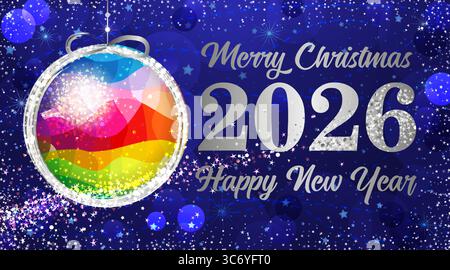Bonne année 2026 bannière de médias sociaux avec boule colorée et paillettes. Toile de fond de vacances d'hiver, vitrail texturé cercle 3D avec isolé Illustration de Vecteur