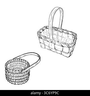 Un panier en osier fait de vignes avec une poignée, un ensemble de silhouettes noires et blanches. Illustration vectorielle. Esquisse un panier pour cueillir des champignons et au Illustration de Vecteur