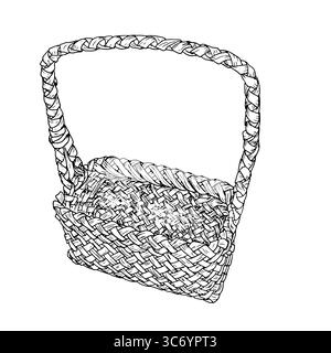 Panier en osier fait de vignes avec une poignée, croquis noir et blanc. Illustration vectorielle. Le panier classique pour la cueillette des champignons et la récolte d'automne est Illustration de Vecteur
