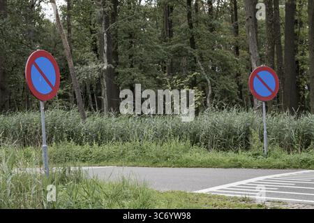 Deux panneaux indiquant qu'il n'y a pas de stationnement se dressent de chaque côté d'une petite route près d'une forêt, indiquant des restrictions de stationnement à Woold, gueldre, pays-bas Banque D'Images