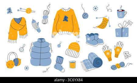 Ensemble de vêtements tricotés chauds d'hiver avec décor de vacances style plat moderne avec des éléments dessinés à la main doodle Illustration de Vecteur