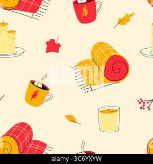 Motif sans couture d'automne confortable avec couverture chaude dessinée à la main doodle, bougies, chocolat chaud et rowan Illustration de Vecteur