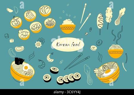 Illustration vectorielle plate de nourriture coréenne ensemble de plats traditionnels ramen bibimbap kimchi collation marinée Illustration de Vecteur