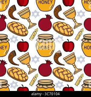 Modèle vectoriel sans couture avec des illustrations dessinées à la main des symboles Rosh Hashanah : pommes, pot de miel, shofar, pain challah, grenade, et Star of DAV Illustration de Vecteur