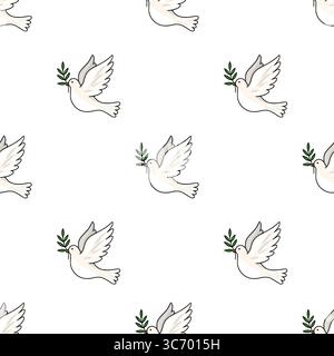 Modèle vectoriel sans couture de colombes blanches portant des branches d'olivier, symbolisant la paix et l'espoir, parfait pour les conceptions religieuses ou de célébration. Illustration de Vecteur
