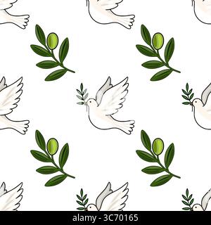 Modèle vectoriel sans couture avec des colombes blanches portant des branches d'olivier, symbolisant la paix et l'espoir, rendu dans un style de dessin animé minimaliste contre un Illustration de Vecteur