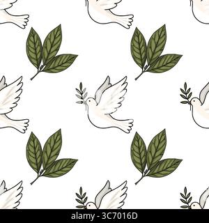 Motif vectoriel sans couture avec des colombes blanches portant des branches d'olivier et des feuilles vertes stylisées, idéal pour Rosh Hashanah ou des motifs sur le thème de la paix. Illustration de Vecteur