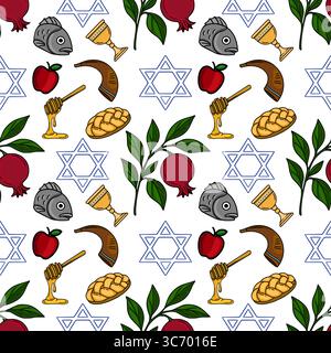 Modèle vectoriel sans couture de Rosh Hashanah avec des illustrations dessinées à la main de pommes, miel, grenade, shofar, challah, et l'étoile de David, créant un Illustration de Vecteur