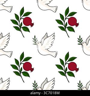 Motif vectoriel sans couture avec des colombes blanches portant des branches d'oliviers et des branches de grenade, symbolisant la paix et l'abondance, parfait pour Rosh Hash Illustration de Vecteur