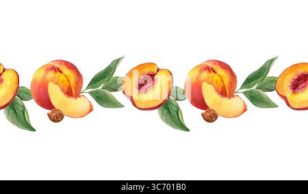 aquarelle dessinée à la main bordure gorizontale avec motif sans couture avec des pêches mûres et des feuilles vertes. Parfait pour les emballages alimentaires, les impressions de cuisine, bio Banque D'Images