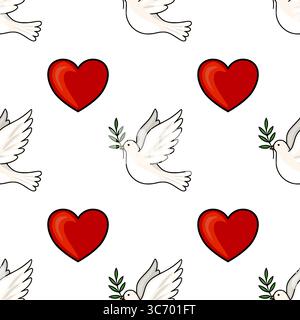Modèle vectoriel sans couture avec des colombes blanches portant des branches d'olivier et des coeurs rouges vibrants, symbolisant la paix et l'amour, idéal pour la Saint-Valentin ou Illustration de Vecteur