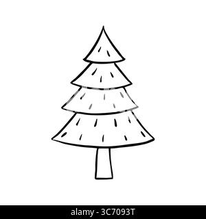 Illustration d'un simple arbre de Noël noir et blanc dessiné à la main montrant des contours et des détails minimaux. Illustration de Vecteur