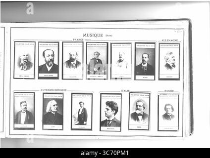 COLLECTION FELIX POTIN MUSIQUE (ligne supérieure l-R) FRANCE : Reyer (Ernest) 1823 - Saint-Saens (Camille) 1835 - Salvayre (Gaston) 1847 1829-1894 - Thomas (Ambroise) 1811-1896 - Varney (Luis) 1849 - Widor (Charles) 1845 ALLEMAGNE : Wagner (Richard) 1813-1883 (ligne inférieure l-R) AUTRICHE-HONGRIE : Fahrbach (Philippe) 1843 - Liszt (Franz) 1811-1886 - Strauss (Johann) 1825-1899 : Joseph Mascagni (ITALIE) 1863 - Joseph Rutro) 1813-1901 Banque D'Images