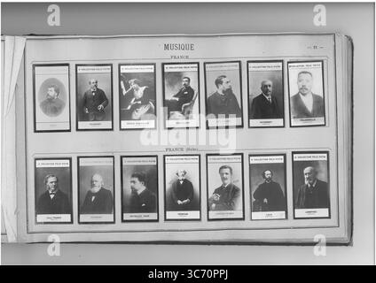 Édouard POTIN MUSIQUE (ligne supérieure gauche-droite) FRANCE : Bizet (Alexandre-Cesar-Leopold dit Georges) 1838-1875 1822-1890 1819-1904 - Chabrier (Alexis-Emmanuel) 1842-1894 1837 1851 - Mademoiselle Chaminade (Cecile-Louis-Stephanie) 1856 1874 1823-1892 - Chevillard (Camille) 1859 - Delibes (Leon dit Leo) 1836-1891 - Duvernoy (Alphonse) 1842-1907 - Fragerolle (Georges-Auguste (ligne inférieure gauche-droite) 1855 Banque D'Images