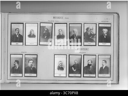 Marcel POTIN MUSIQUE (ligne supérieure gauche-droite) FRANCE : Missa (Edmond) 1861 - Serpette (Gaston) 1846-1904 - terrasse (Claude) 1870 1862 - Thome (Francois-Luc-Joseph dit Francis) 1850 - Weckerlin (Jean-Baptiste-Theodore) 1821 - Ysaye (Eugene) 1858 - Sarasate (Pablo Martin Meliton de) 1844 (ligne inférieure gauche-droite) ITALIE ; Leoncavallo (Ruggero) 1858 - Pucavallo (Ruggero) 1858 - Puci) Giaci (1839 - Giaclean (Anchan) - Giaci) (FRANCE) (1862 - Giablo) - Giaci) (Anchan) - Giacan (Ebrio) (1851 - Giacleb Banque D'Images