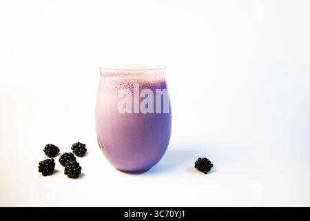 Smoothie aux mûres fraîchement préparé avec du lait et de la crème glacée à la vanille, servi sur un fond blanc. Garni d'une petite poignée de mûres fraîches o Banque D'Images