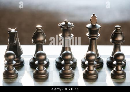 Pièces d'échecs noires alignées sur un échiquier pour le début d'une partie. Le roi Reine Bishop Chevalier noir et les pions sont montrés dans l'image Banque D'Images