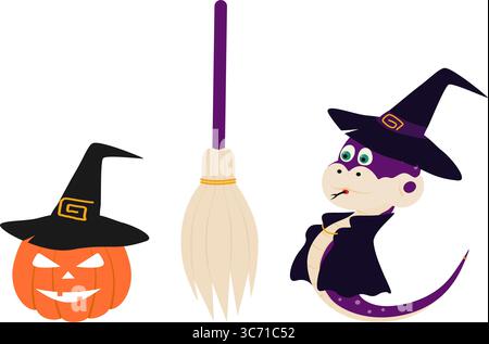 Citrouille d'Halloween dans chapeau de sorcière balai et serpent dans look sorcière ensemble d'éléments de conception isolés d'Halloween. Illustrations vectorielles isolées cartes thématiques de voeux Halloween Party invitation bannière, dépliant, étiquette Illustration de Vecteur
