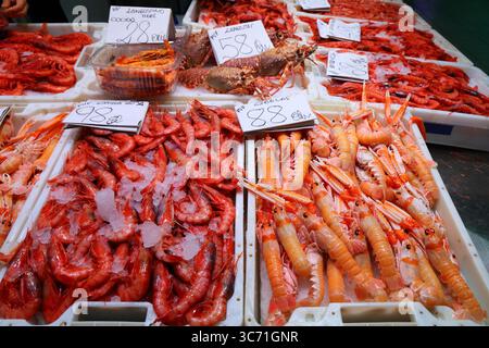 Divers types de crevettes à la section des fruits de mer au marché local Mercat Central à Alicante, Espagne. Cuisine espagnole. Banque D'Images