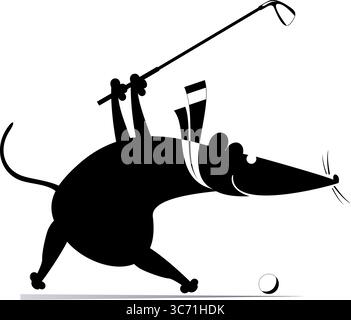 Le rat ou la souris de dessin animé joue au golf. Drôle de rat ou de souris essaie de faire un bon tir. Illustration en noir et blanc Illustration de Vecteur