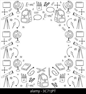 Fond carré de retour à l'école avec place pour le texte. Fournitures scolaires dessinées à la main. Bannière d'école vectorielle. Noir et blanc Collection de fournitures de bureau dans le style croquis doodle sur fond blanc. Illustration vectorielle Illustration de Vecteur