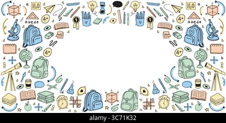 Ensemble de croquis de bannière rectangulaire de retour à l'école avec des éléments éducatifs. Fond scolaire avec place pour le texte. Vecteur multicolore doodle avec des fournitures scolaires. Cahier, livres, peintures. Illustration vectorielle pour étude, école, université Illustration de Vecteur