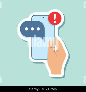 Main tient le téléphone avec l'icône d'autocollant de notification dans un style plat. Smartphone avec nouvelle illustration vectorielle d'avis sur fond isolé. Message de rappel Illustration de Vecteur