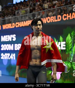 Singapour. 1er août 2025. Qin Haiyang, de Chine, réagit après la finale masculine du 200 m brasse aux Championnats du monde de natation à Singapour, le 1er août 2025. Crédit : Xia Yifang/Xinhua/Alamy Live News Banque D'Images