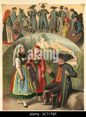 Costumes traditionnels de Suisse franconienne, haute-Franconie, Bavière, Allemagne, reproduction numérique améliorée d'un original du XIXe siècle, coloré, historique, date exacte inconnue Banque D'Images