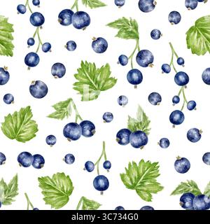 Motif aquarelle sans couture avec baies de cassis et feuilles. Grands bouquets de baies bleues mûres, impression sur tissu, conception de livres de cuisine, textiles de cuisine, emballage, emballage pour boissons aux fruits. Banque D'Images