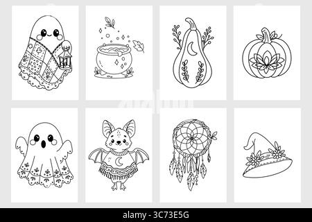 Ensemble de 8 illustrations noir et blanc boho Halloween fantômes, citrouilles, chaudron, chauve-souris, chapeau de sorcière, dreamcatcher parfait pour la coloration. Illustration de Vecteur