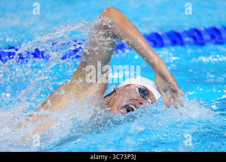 Singapour. 1er août 2025. Ji Xinjie, de Chine, participe à la finale masculine du relais 4x200m nage libre aux Championnats du monde de natation à Singapour, le 1er août 2025. Crédit : Wu Zhizun/Xinhua/Alamy Live News Banque D'Images