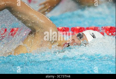 Singapour. 1er août 2025. Ji Xinjie de Team China participe à la finale du relais 4x200m nage libre masculin aux Championnats du monde de natation à Singapour, le 1er août 2025. Crédit : Xia Yifang/Xinhua/Alamy Live News Banque D'Images